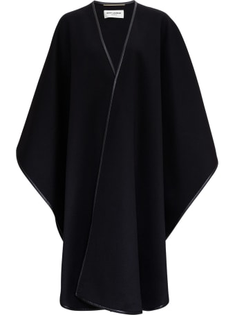 Saint Laurent Woll And Cashmere Blended Cape With Leather Trimming