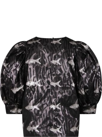 Caroline Bosmans Black Blouse For Girl With Colorful Fishes