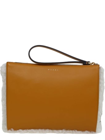 Marni Small Clutch Bag In Shearling In Natural And Honey Color