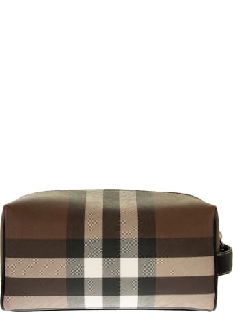 Burberry Check E-canvas Travel Pouch Dark Birch Brown