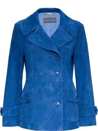 Alberta Ferretti Double-breasted Jacket In Blue Suede Leather