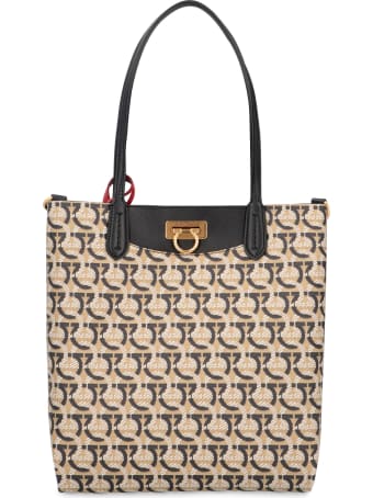 Salvatore Ferragamo Gancini Canvas And Leather Shopping Bag