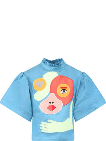 Raspberry Plum Light Blue''hannah'' Blouse For Girl With Colorful Patches