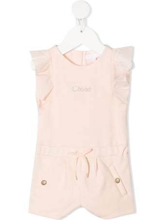 Chloé Pink Cotton Romper With Ruffles Detail And Logo