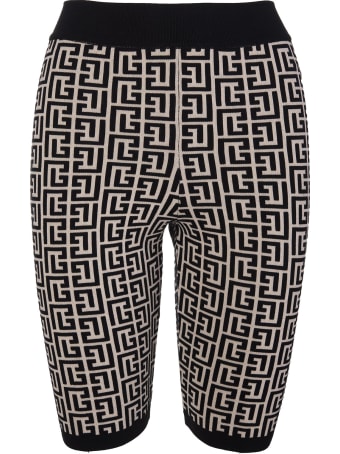Balmain Woman Bicolor Shorts In Jacquard Knit With Monogram