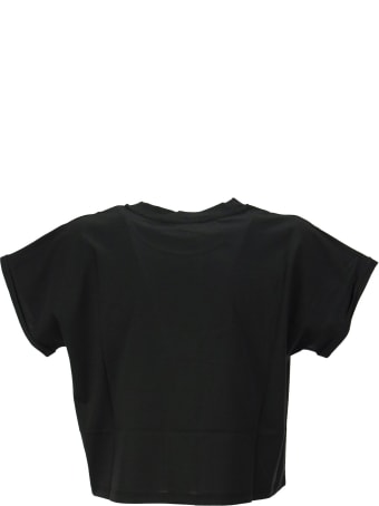 Balmain Cropped Black Cotton T-shirt With Flocked White Balmain Logo