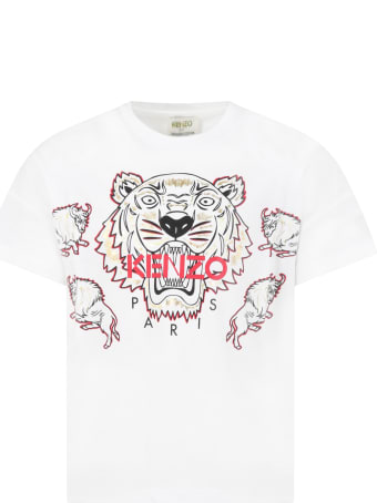 Kenzo Kids White T-shirt For Kids With Tiger