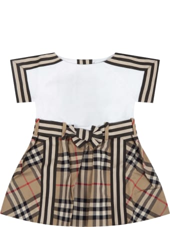 Burberry White And Beige Dress For Baby Girl