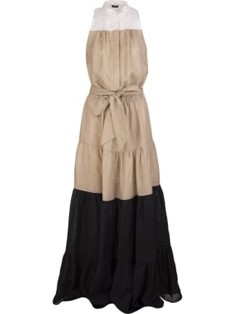 Kiton White/beige/black Linen Sleeveless Tiered Maxi Dress