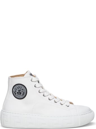 Versace Greca Sneakers In White Canvas With Logo