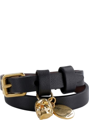 Alexander McQueen Skull Charm Leather Double-wrap Bracelet