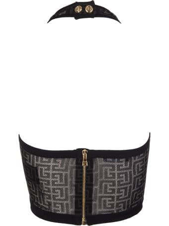 Balmain Black Crop Top With American Neckline And Balmain Monogram