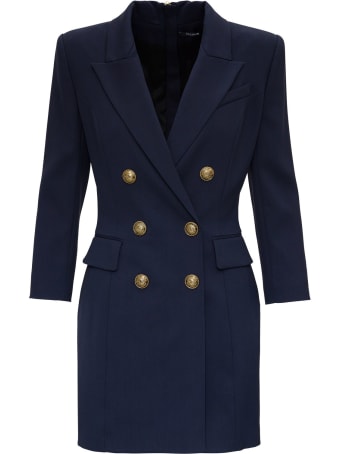 Balmain Navy Blue Wool Dress With Logo Buttons