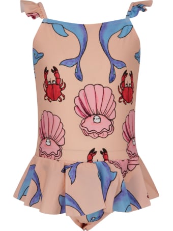 Mini Rodini Pink Swimsuit For Girl With Dolphins And Crabs