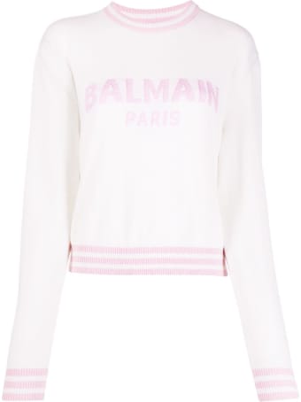 Balmain Knitted Jumper In Cashmere Blend With Logo And Padded Shoulders