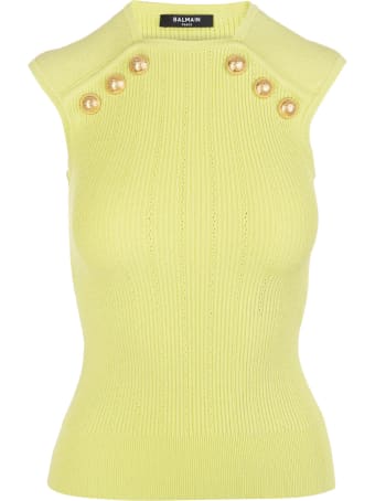 Balmain Lime Green Knitted Top With Golden Buttons