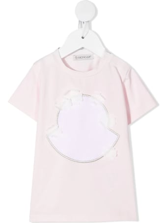 Moncler Pink Newborn T-shirt With Maxi Logo And Floral Applications
