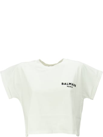 Balmain Cropped White Cotton T-shirt With Flocked White Balmain Logo