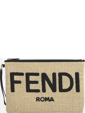 Fendi Clutch Bag In Woven Raffia With Contrasting Logo Lettering