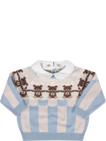 Fendi Light Blue And Beige Sweater With Bears For Baby Boy