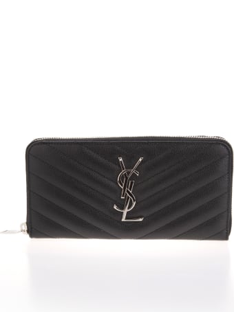 Saint Laurent Grey Monogram Wallet In Textured Matelasse' Leather