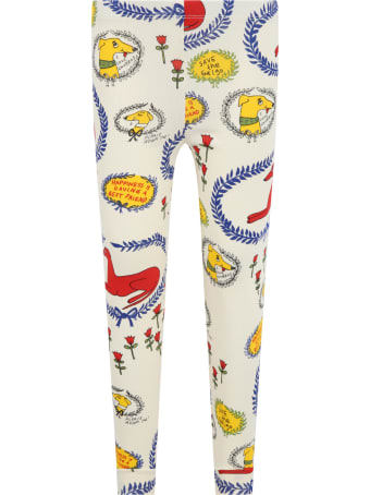 Mini Rodini Ivory Leggings For Kids With Dogs And Flowers