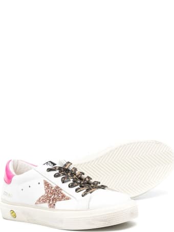 Golden Goose Kid White Super-star Sneakers With Pink Glitter Star And Leopard Laces