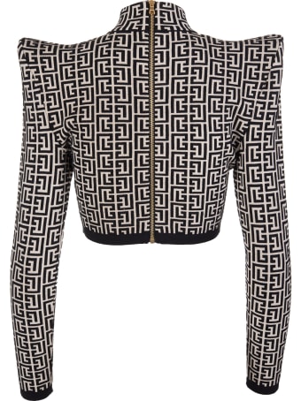 Balmain Short Top In Two-tone Jacquard With Monogram And Structured Straps