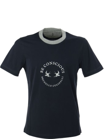 Brunello Cucinelli Cotton Jersey Slim Fit T-shirt With Print And Contrast Neckline Cobalt