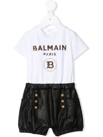 Balmain Newborn White And Black Romper With Golden Logo