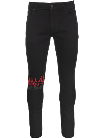 Vision of Super Man Skinny Jeans In Black Denim With Red Flame