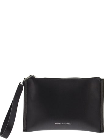 Brunello Cucinelli Polished Calfskin Clutch Bag With Precious Edges Black
