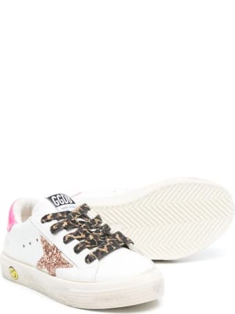 Golden Goose Kid White Super-star Sneakers With Pink Glitter Star And Leopard Laces
