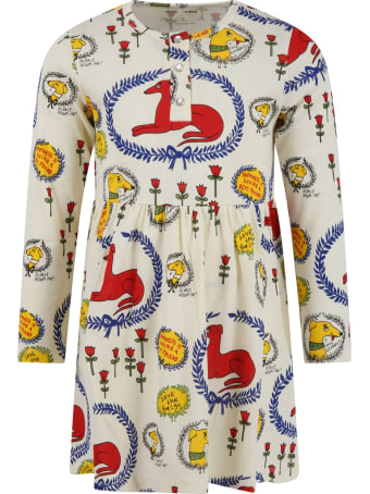Mini Rodini Ivory Dress For Girl With Dogs And Flowers