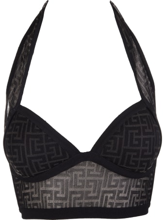 Balmain Black Crop Top With American Neckline And Balmain Monogram