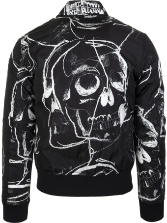 Alexander McQueen Man Black Bomber Jacket With Painted Skull
