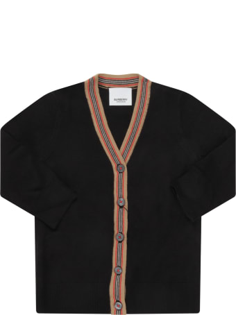 Burberry Black Cardigan For Babykids With Iconic Stripes