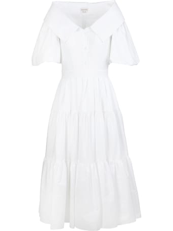 Alexander McQueen White Poplin Midi Dress With Open Collar