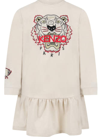 Kenzo Kids Beige Dress For Girl With Tiger