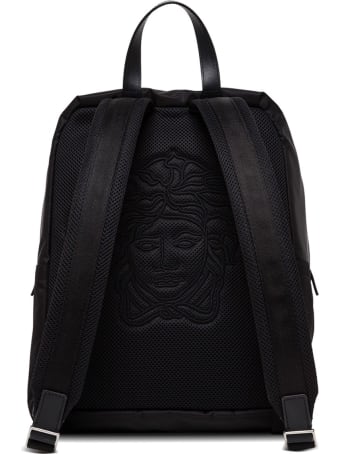 Versace Black Nylon And Leather Backpack With Logo