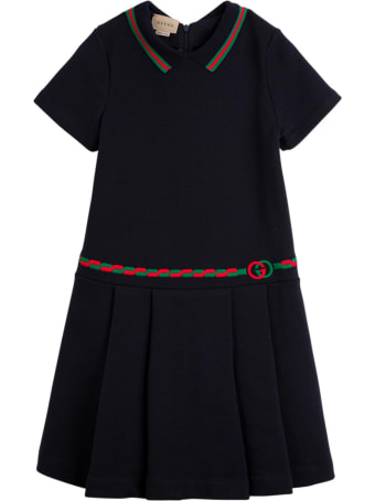 Gucci Blue Cotton Dress With Web Details