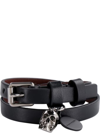 Alexander McQueen Leather Bracelet With Metal Logo Pendant And Skull