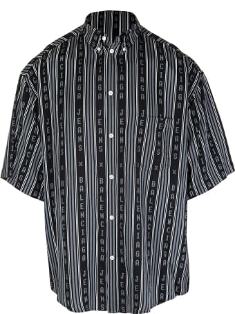 Balenciaga Man Black And Grey Large Fit Short Sleeve Shirt