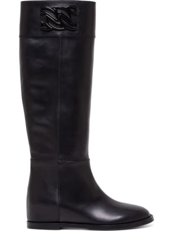 Casadei Leather Boots With Logo Buckle