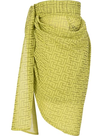 Balmain Lime Green Mini Skirt With Monogram And Draping