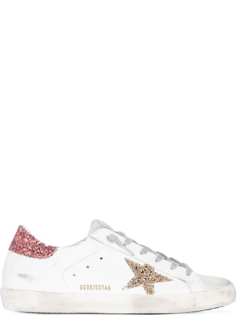 Golden Goose Woman White Super-star Sneakers With Pink And Gold Glitter Details