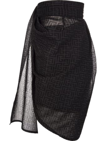 Balmain Black Mini Skirt With Monogram And Draping