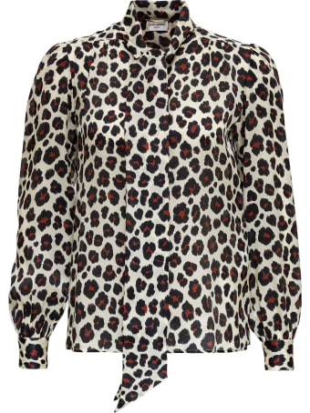 Saint Laurent Leopard Blouse In Mousseline With Pussy Bow Collar