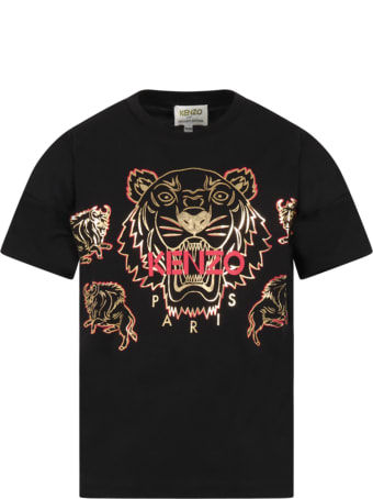 Kenzo Kids Black T-shirt For Kids With Tiger