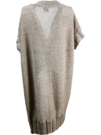 Lorena Antoniazzi Short-sleeved Maxi Cardigan Sweater In Linen And Cotton With Micro Sequins